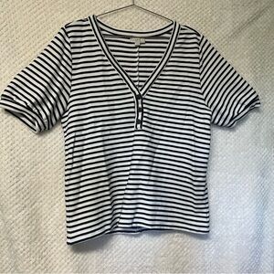 LOFT Top Cotton Blend Navy & White Striped Short Sleeve V-Neck Casual Large